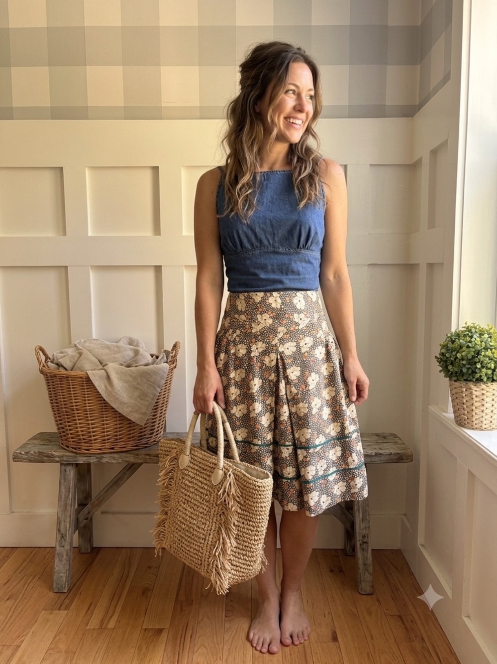 Vintage Cotton Brown Floral Midi Skirt 13